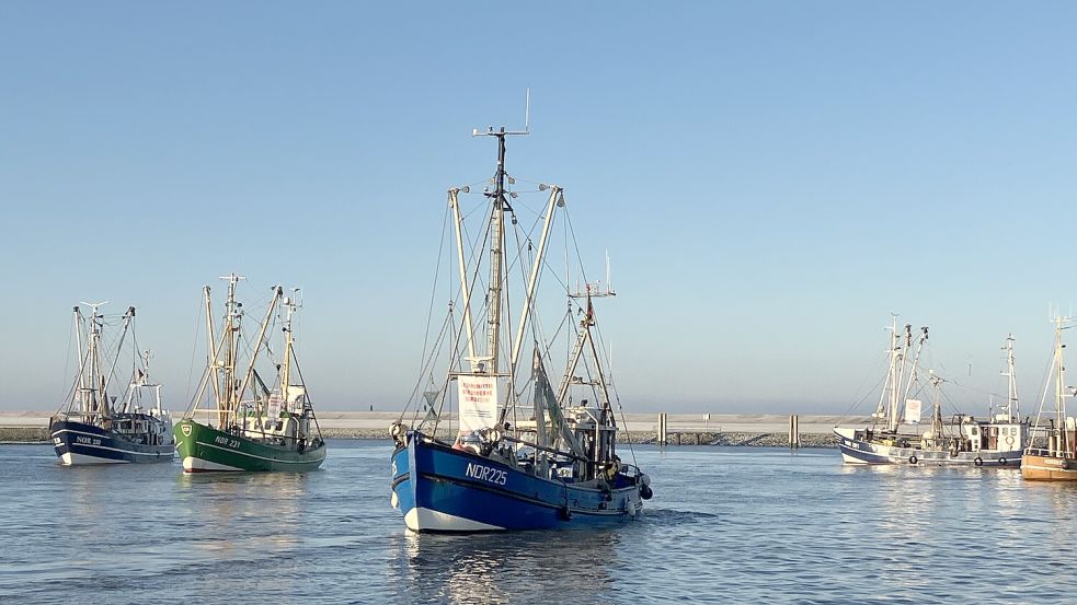 Fünf Krabbenkutter protestierten am Mittwochmorgen in Norddeich. Foto: Rebecca Kresse