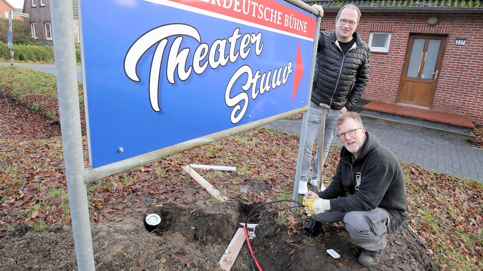 Joachim Gronewold (unten) installiert die Beleuchtung für das Schild der Theaterstuuv. Das ist eine der Restarbeiten bis zur Eröffnung am 20. Januar. Hinten Bühnenleiter Christian Behrends. Foto: Böning
