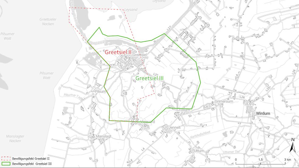 Hier kann die beiden Förderungsfelder "Greetsiel II" (rot hinterlegt) und "Greetsiel III" (grün hinterlegt) sehen. Karte: LBEG/Thomas Dinter