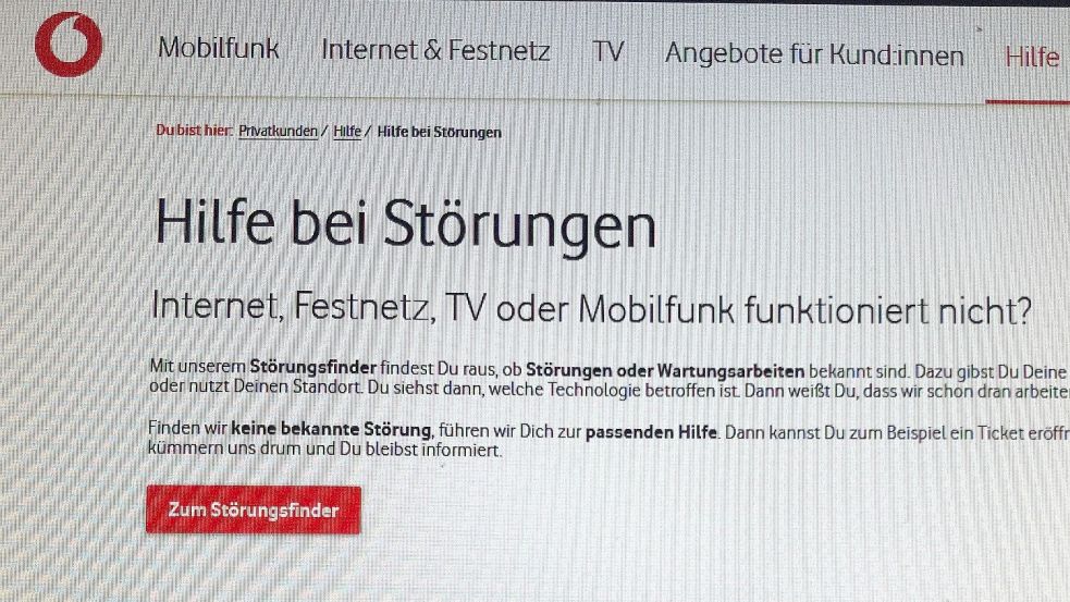 Auf der Homepage von Vodafone kann man über einen Störungsfinder herausbekommen, ob es in der eigenen Region einen Störung gibt. Er funktioniert allerdings nicht immer, denn die aktuelle Störung, von der 83 Haushalte in Westoverledingen betroffen sind, wird nicht angezeigt. Foto: Ammermann