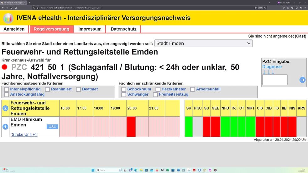 Diese Momentaufnahme aus dem niedersächsischen Ivena-Portal zeigt: Das Emder Krankenhaus hatte sich am Abend des 28. Januar 2024 für die "Notfallversorgung" von Schlaganfallpatienten für etliche Stunden abgemeldet. Screenshot: OZ