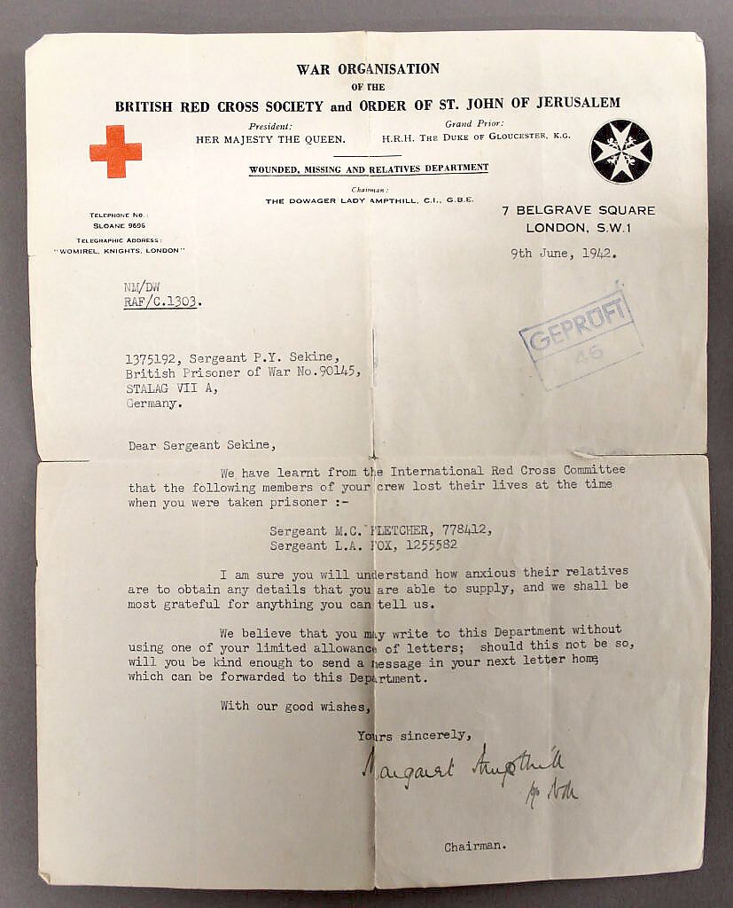 Ein Schreiben vom Roten Kreuz an den Soldaten Percy Sekine. Hier wurde er gebeten, Details zum Flugzeugabsturz zu nennen. Foto: Foto: Rowley’s Auction House / Deep South Media