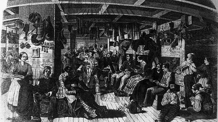 Diese Zeichnung von Leo von Elliot zeigt deutsche Auswanderer auf dem Weg in die USA über Rotterdam und Le Havre auf dem Schiff „Samuel Hop“ im April 1849. Foto: Bundesarchiv via Wiki Commons