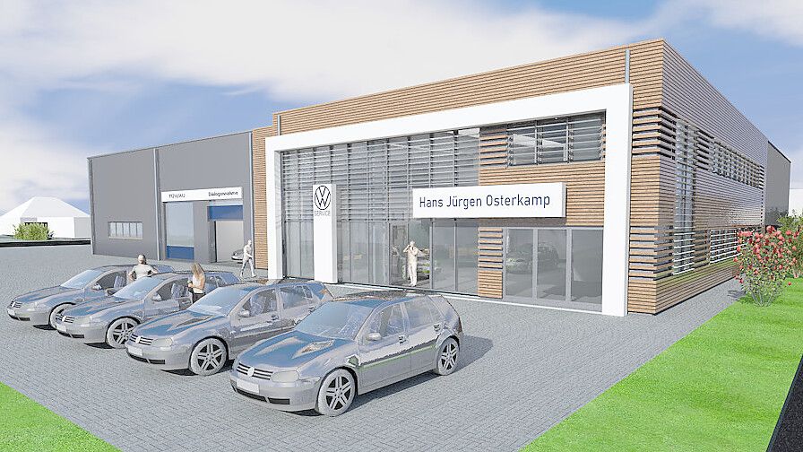 So soll der zweigeschossige Neubau des Autohauses Hans Jürgen Osterkamp aussehen. Foto: Autohaus Hans Jürgen Osterkamp