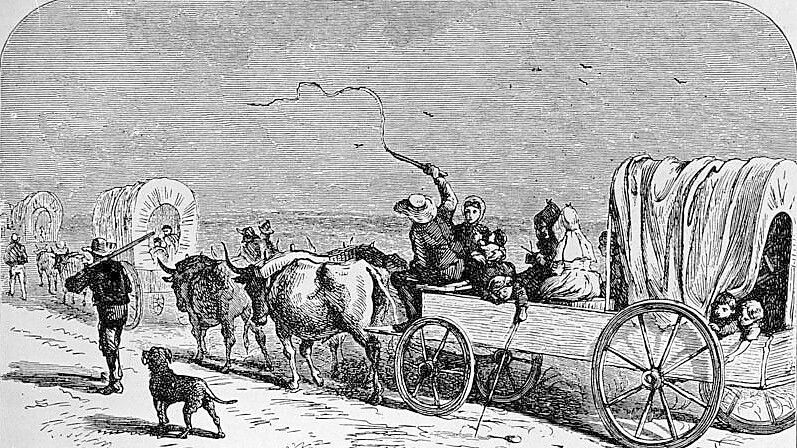 Eine Zeichnung aus dem Jahr 1844 zeigt Deutsche Einwanderer mit Ochsenkarren. Foto: Bundesarchiv
