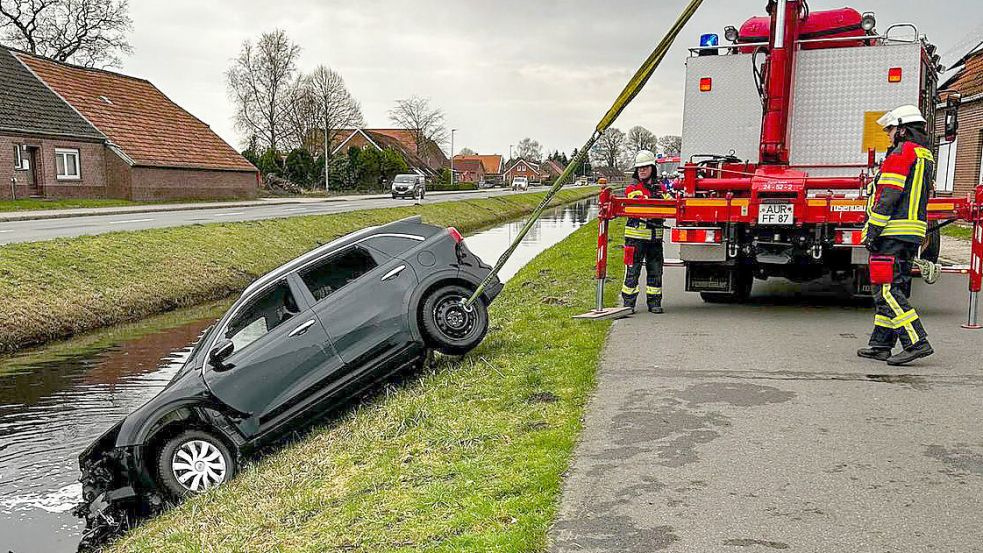 Die Feuerwehr zog den Wagen aus dem Kanal. Foto: Ole Gronewold, Feuerwehr Großefehn-Zentrum