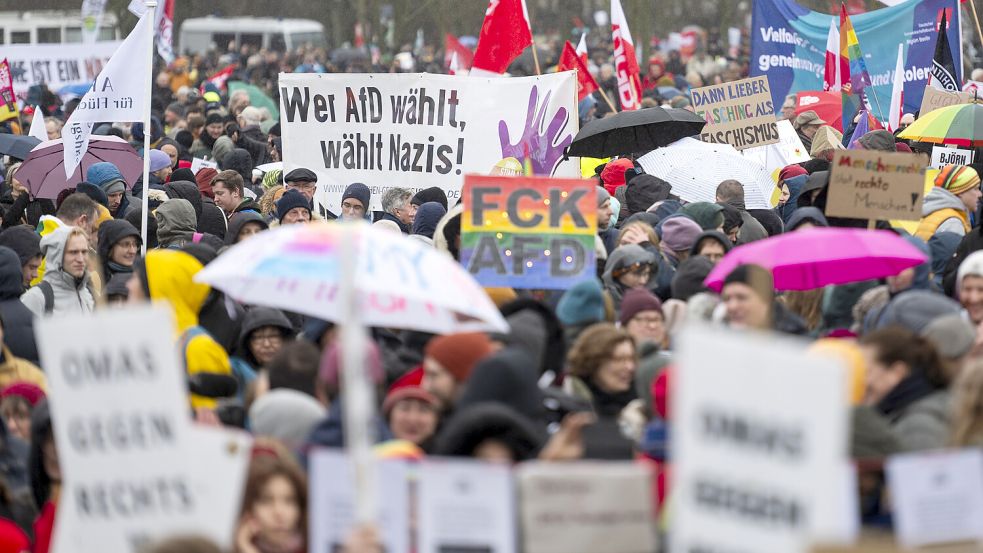 Ob in kleinen oder großen Städten: Bundesweit gehen nach wie vor Menschen gegen Rechtsextremismus und die AfD auf die Straße. Foto: dpa/Christophe Gateau