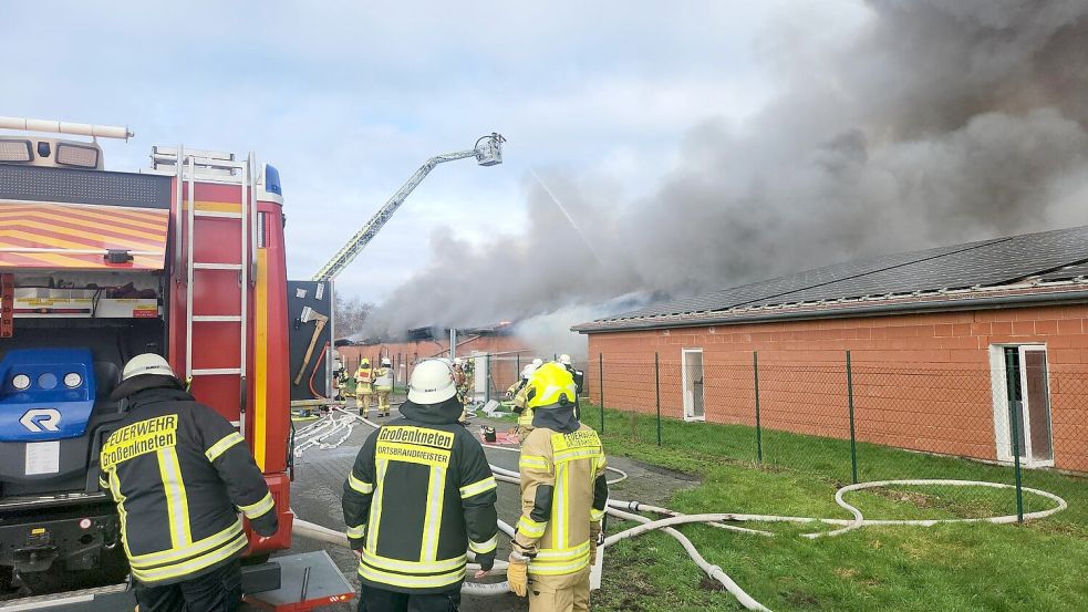 Bei einem Feuer in einem Schweinestall in Großenkneten sind am Dienstag rund 200 Tiere verendet. Es entstand hoher Schaden. Foto: NWM-TV