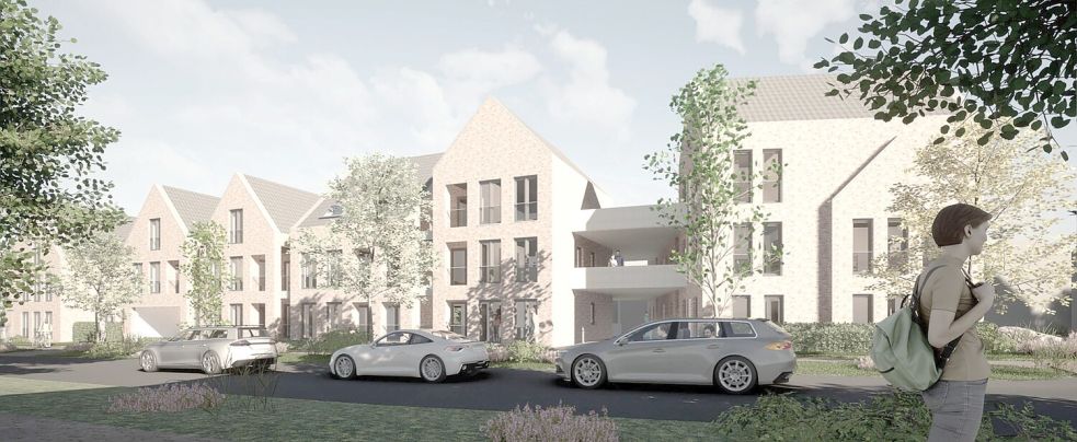 So sollen die Gebäude von der Hajo-Unken-Straße aus aussehen. Rechts von den Laubengängen ist das Gebäude zu erkennen, das sich nach hinten entlang der Ubbo-Emmius-Straße erstreckt. Visualisierung: 3satz-Architekten/Archiv