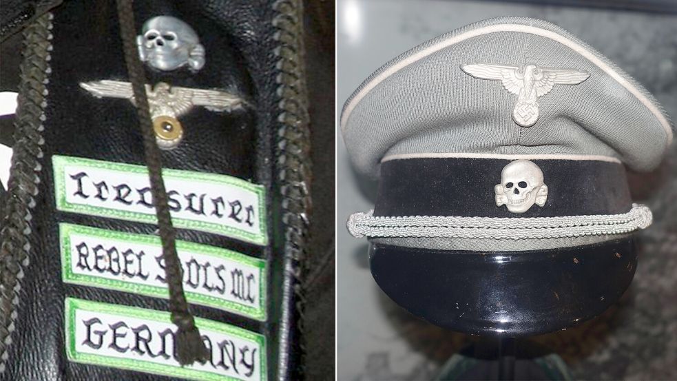 Das linke Foto zeigt Totenkopf und Adler auf der Kutte eines „Treasurers“ (Schatzmeisters) des „Rebel Souls MC Großefehn“ – das rechte Foto eine SS-Mütze. Fotos (von links): Screenshot (Ausschnitt) vom 04.02.2024 / Facebook-Seite des Rebel Souls MC Großefehn; Archivfoto: Wolfmann/Wikimedia (Lizensierungshinweise: siehe Ende des Berichts) / Ausschnitt: OZ