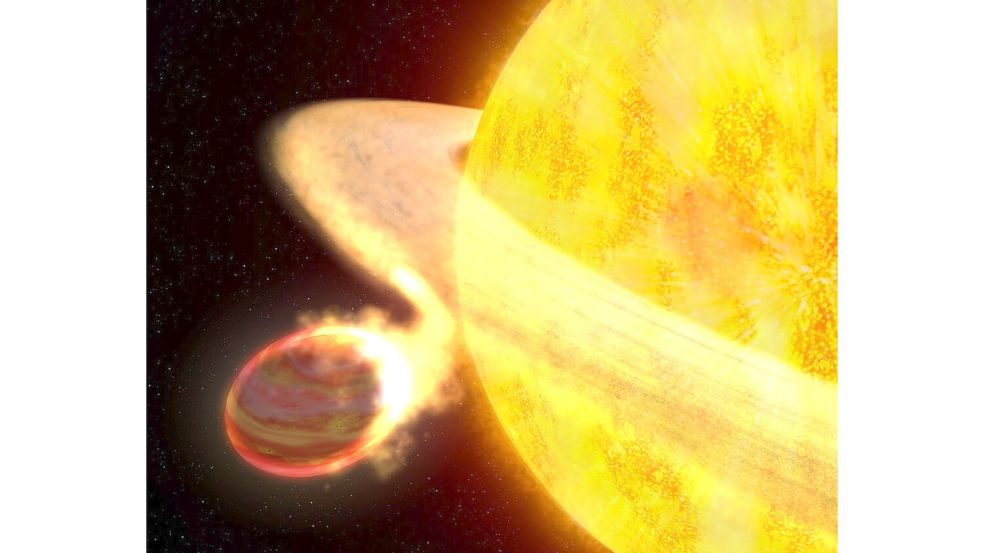 Die Illustration zeigt den Exoplaneten WASP-12b. Er ist der heißeste bekannte Planet in der Milchstraßengalaxie und möglicherweise der am kürzesten lebende. Foto: G. Bacon/Nasa, Esa (stsci)/dpa