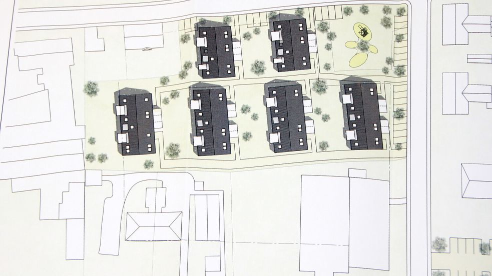 Die neue Wohnanlage mit sechs Gebäuden befindet sich auf einem Areal an der Geert-Bakker-Straße (oben). Das Gebäude auf städtischem Grundstück unten rechts ist nicht Teil des Projektes. Foto: Ferber/Entwurf: KS Architekten Düsseldorf