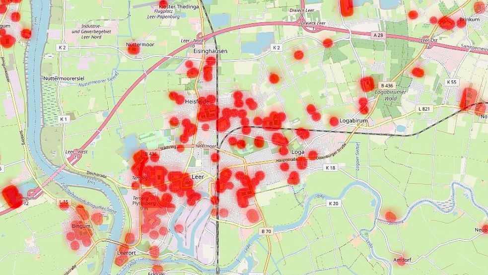 Ein Blick auf die Karte zeigt: In Leer ist viel Rot zu sehen. Screenshot: Bubatzkarte/OpenStreetMap