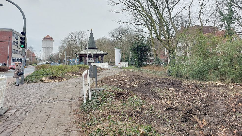 Der Kahlschlag ermöglicht eine ungewohnte Sichtachse auf den Chinesentempel. Die Allee des Gehwegs wurde vollständig entfernt. Das Bild ist gegen 15 Uhr entstanden. Foto: Hanssen