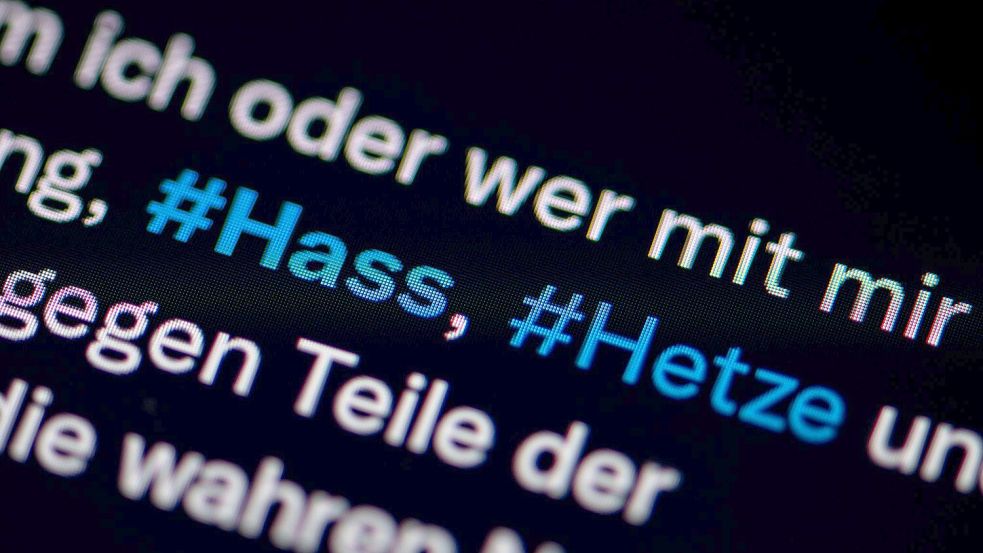 Auf dem Bildschirm eines Smartphones sieht man die Hashtags Hass und Hetze in einem Twitter-Post. Foto: Fabian Sommer/dpa