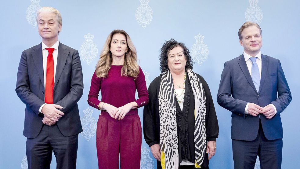 Die vier Parteien PVV, NSC, VVD und BBB haben sich auf eine Regierung für die Niederlande geeinigt. Foto: dpa/Koen Van Weel