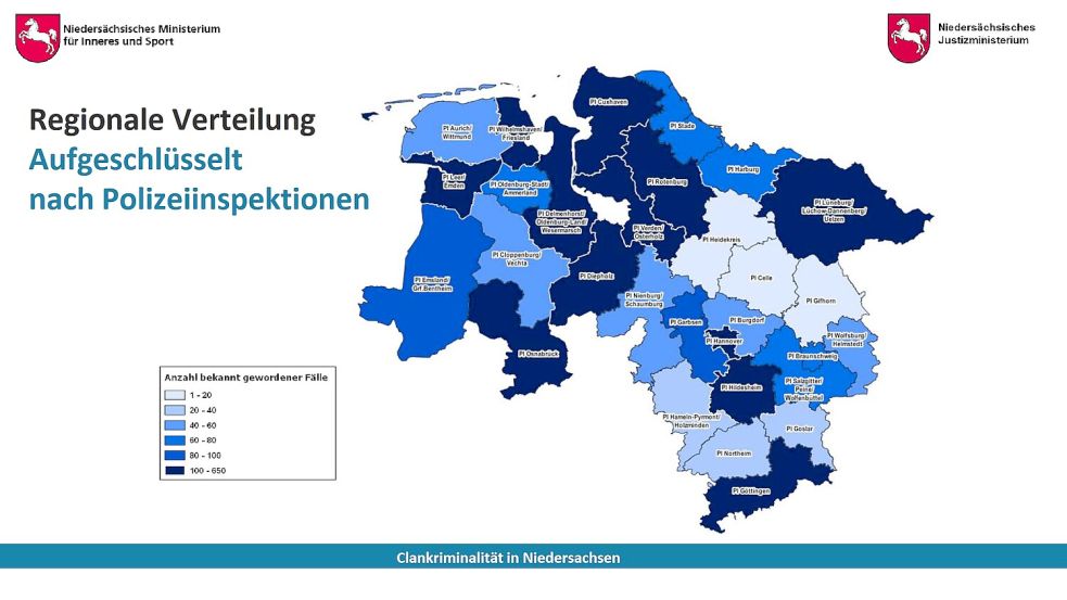 Im Jahr 2022 sind im Bereich der Polizeiinspektion Leer-Emden mehr Fälle von Clan-Kriminalität bekanntgeworden als im Bereich der Polizeiinspektion Aurich-Wittmund. Kartengrafik: Innenministerium Niedersachsen