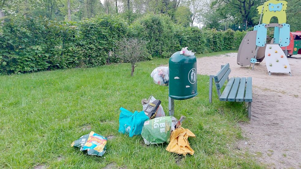 Die vorhandenen Mülleimer am Schwanenteich - hier beim Spielplatz - reichen für den Partymüll nicht aus.