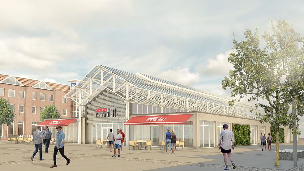 So soll die Markthalle künftig von der Südseite – vom Marktplatz aus – aussehen. Visualisierung: 3ing