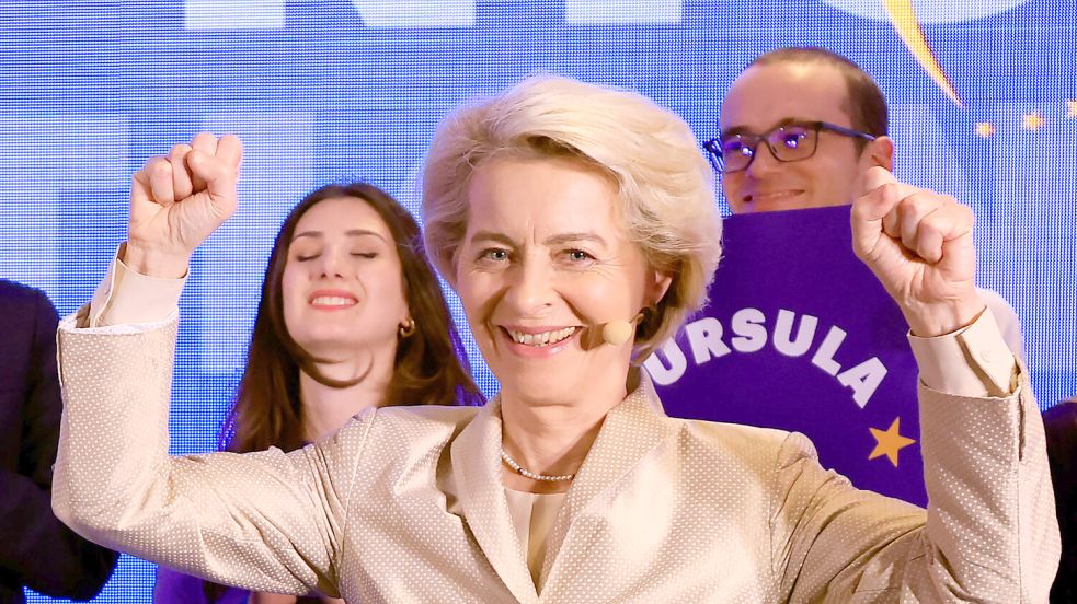 Ursula von der Leyen im Glück: Für die CDU-Politikerin ist mit dem Wahlergebnis eine zweite Amtszeit als Chefin der EU-Kommission nähergerückt. Foto: picture alliance/dpa/AP/Geert Vanden Wijngaert