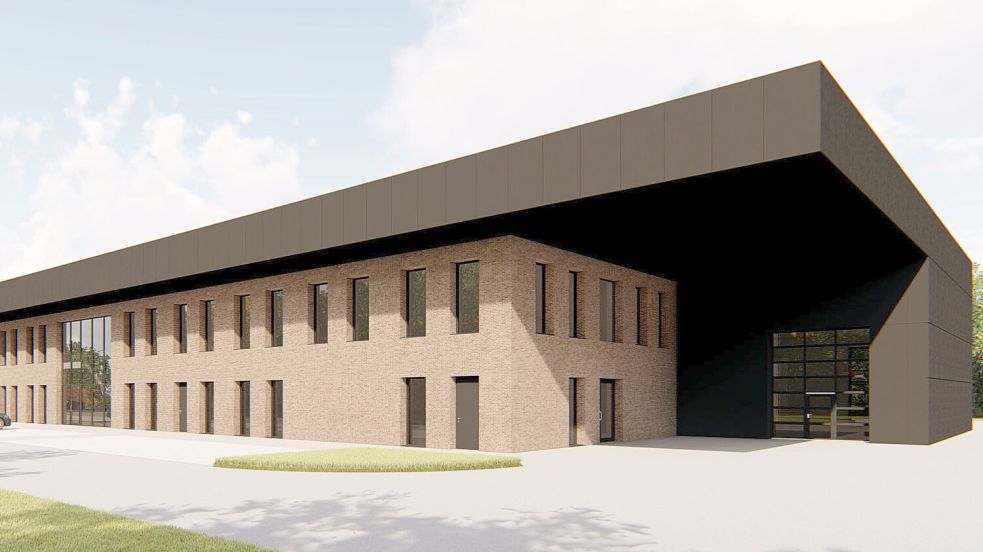 So soll das neue Gebäude für die Kreisfeuerwehr Leer aussehen. Statt mit Klinker wird es weitgehend mit einem Kunstmaterial verkleidet, um Kosten zu sparen. Simulation: K-plan