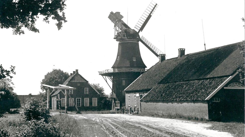Das Bild zeigt das damals übliche Ensemble von Kompaniehaus, Mühle mit Müllerhaus und Klappbrücke. Das Müllerhaus in Spetzerfehn musste 1971 dem Straßenbau weichen. Die Klappbrücke wurde nach Einstellung der Fehnschifffahrt um 1956 entfernt. Foto: Archiv Hinrich Trauernicht