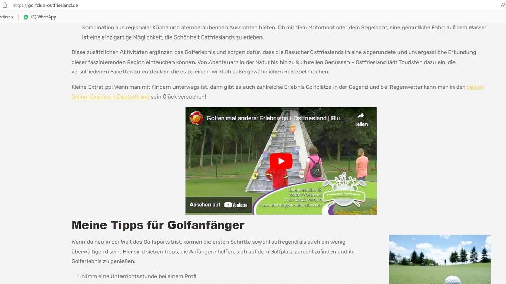 Mitten auf der Seite golfclub-ostfriesland.de wurde ein altes Video der Luftkurort Wiesmoor Touristik GmbH eingebettet – und Werbung für Online-Casinos. Bildschirmfoto: Böning