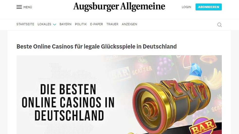 Linkbuilding für Online-Casinos auf der Seite der Augsburger Allgemeinen. Dass es sich um eine Anzeige handelt, sieht man erst am Ende des langen Beitrags. Bildschirmfoto: Böning