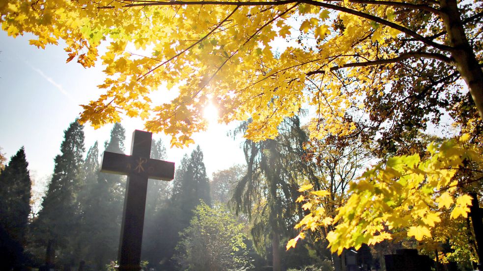 Inspiriert auch hartgesottene Realisten: Blick auf ein altes Grabmal unter herbstlichen Bäumen Foto: dpa/Oliver Berg