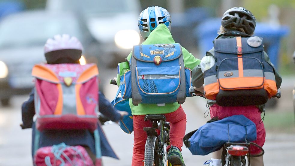 Kinder sind auf einer Straße mit dem Fahrrad unterwegs zur Schule. Foto: Hirschberger/ZB/dpa