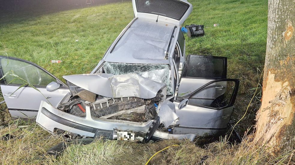 Der Wagen wurde bei dem Zusammenprall mit einem Baum völlig zerstört. Foto: Feuerwehr