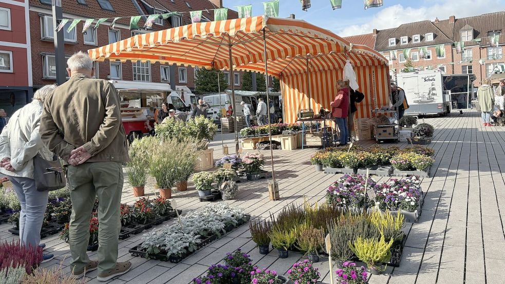 Hält an allen drei Wochenmarkt-Tagen die Fahne hoch: Blumenhandel Volrath Meyer. Foto: Schuurman