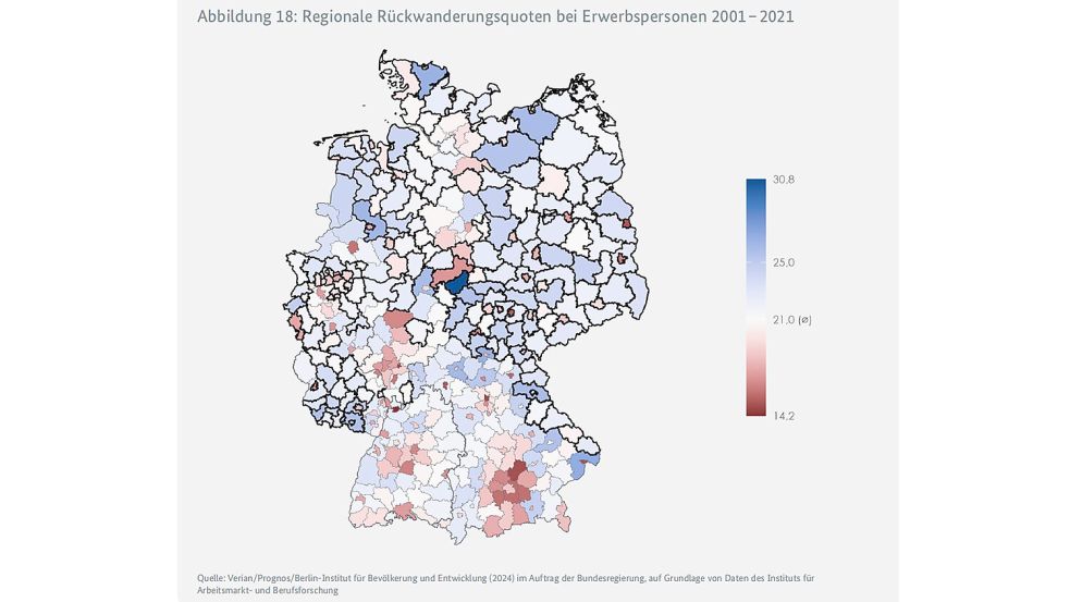 Was den Rückkehrer-Anteil unter den abgewanderten Erwerbspersonen betrifft, hat Ostfriesland relativ hohe Werte. Quelle/Grafik: Gleichwertigkeitsbericht 2024 der Bundesregierung / BMWK