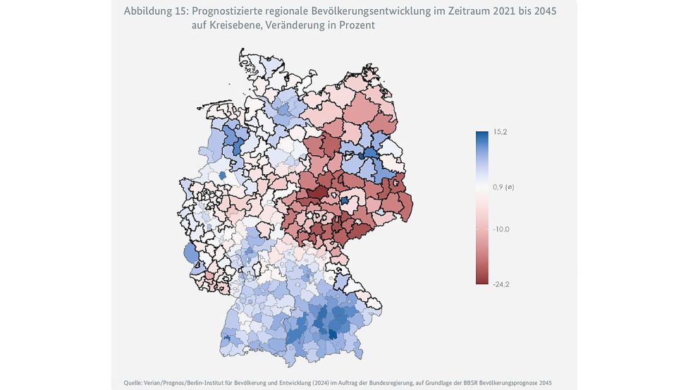 In Ostfriesland soll die Bevölkerung bis zum Jahr 2045 relativ stabil bleiben – das geht aus der Prognose des Bundesinstituts für Bau-, Stadt- und Raumforschung hervor. Quelle/Grafik: Gleichwertigkeitsbericht 2024 der Bundesregierung / BMWK