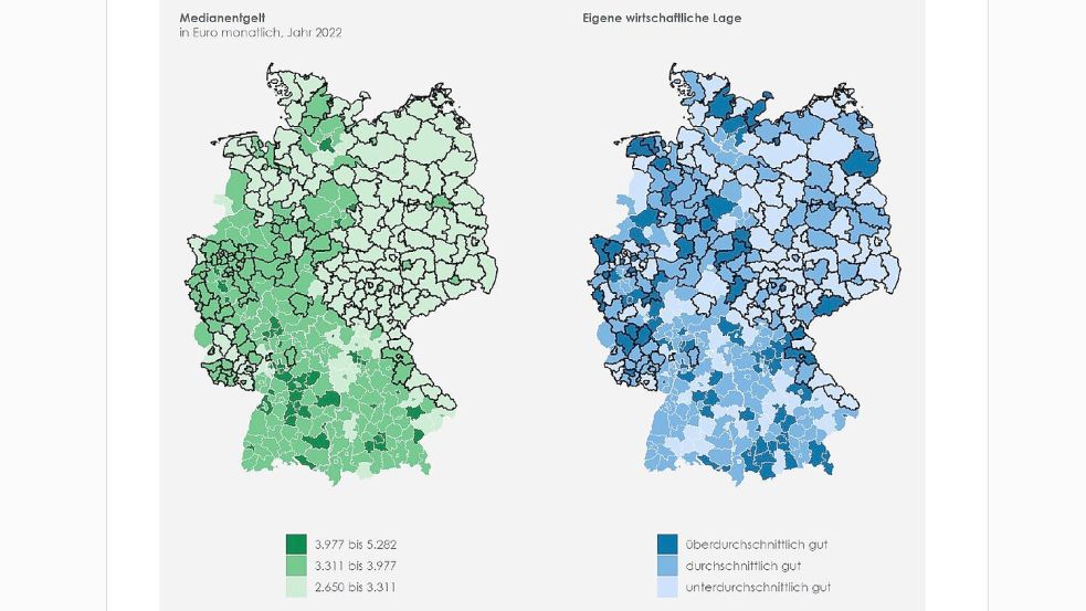 Das Einkommen der Beschäftigten in 400 Landkreisen und kreisfreien Städten in Deutschland – eine Gegenüberstellung von Medianentgelt (Daten-Statistik) und Zufriedenheit mit der eigenen wirtschaftlichen Lage (Bürgerbefragung) aus dem "Gleichewertigkeitsbericht 2024" der Bundesregierung, mit dem sich seit dem 17. Oktober 2024 der Bundestag befasst. Quelle/Grafik: Gleichwertigkeitsbericht 2024 der Bundesregierung / BMWK