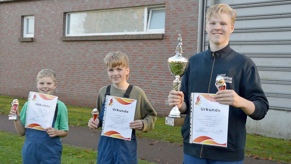 Stolz präsentieren die Vertreter der Jugendfeuerwehren aus Walle (von links), Middels und Sandhorst ihre Urkunden und Trophäen. Foto: privat