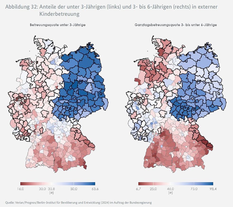 Entlang der Kinderbetreuungsquoten der Landkreise und kreisfreien Städte lässt sich der einstige Verlauf der Grenze zwischen Bundesrepublik und DDR ziemlich gut nachvollziehen. In Ostfriesland sind die Betreuungswerte ähnlich niedrig wie in Bayern und Baden-Württemberg. Quelle/Grafik: Gleichwertigkeitsbericht 2024 der Bundesregierung / BMWK