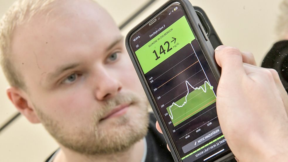 Ein Sensor in meinem Oberarm gibt einer App auf meinem Handy meinen Blutzucker durch. Bis 180 Milligramm pro Deziliter ist für mich als Diabetiker noch im grünen Bereich. Nach manchen Mahlzeiten kann der Wert auch mal darüber liegen.