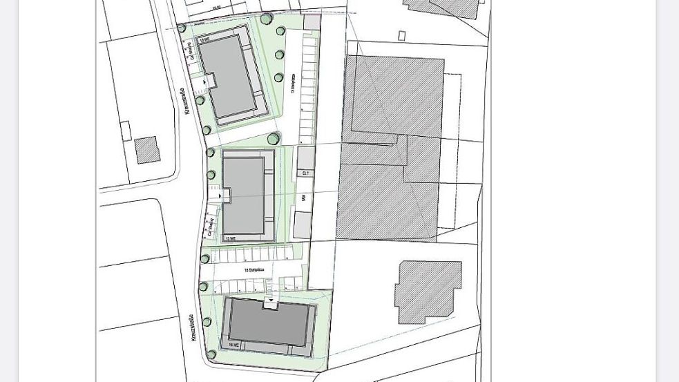 Auf dieser Grafik der Stadt Emden ist unten die Kirche in Harsweg, rechts die Waschstraße „Schaumwerk“ an der Auricher Straße erkennbar. Die zwei anderen Bauten sollen neu entstehen. Grafik: Stadt