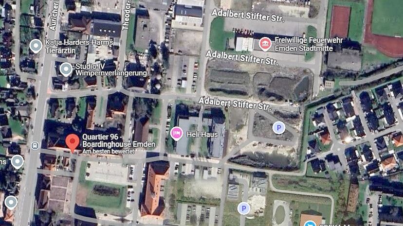 Das geplante Baugebiet „Kaserne Mitte“ befindet sich beim Heli-Haus und der Freiwilligen Feuerwehr Stadtmitte. Screenshot: GoogleMaps