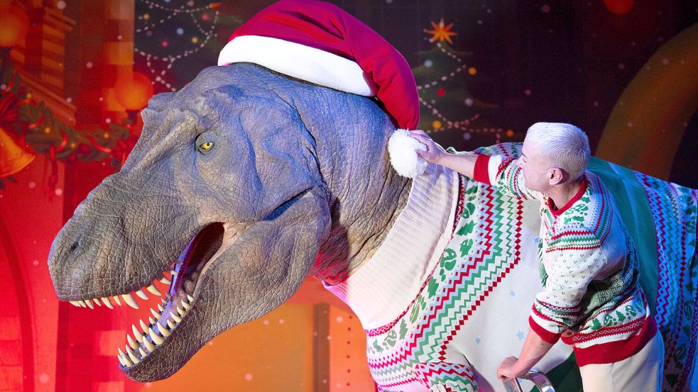 Ein Mitarbeiter rückt eine riesige Weihnachtsmannmütze auf einem Raubsaurier zurecht, der im Natural History Museum einen Weihnachtspulli trägt. Foto: dpa/James Manning