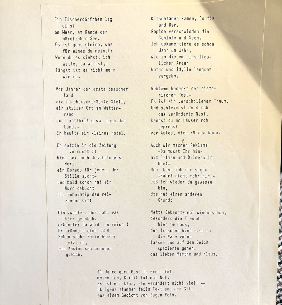 Dieses Gedicht hat ein Feriengast im April 1985 in das Gästebuch der Familie Freund geschrieben. Foto: Weiden