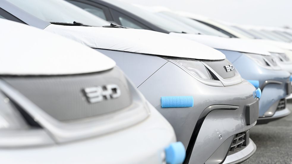 Noch werden BYD-Autos vom Typ Dolphin importiert - und warten in Bremerhaven auf Abnehmer. Im kommenden Jahr soll es sie „made in Europe“ geben. Foto: dpa/Lars Penning