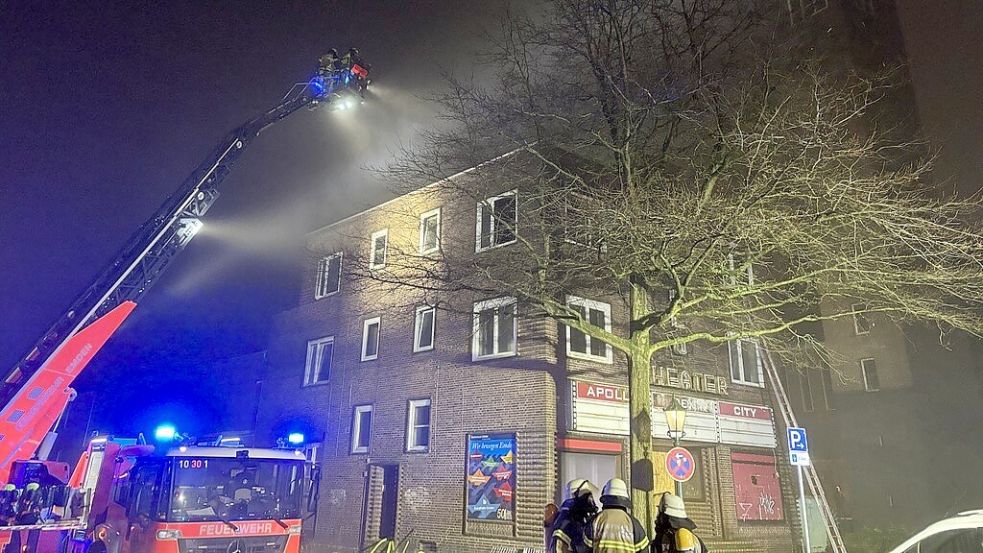 Mit der Drehleiter und Wärmebildkameras wurde das Dach genau untersucht. Foto: Hanssen