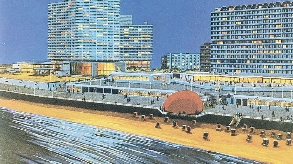 Dieses Motiv einer Werbeanzeige verdeutlicht die Ausmaße des Projekts „Atlantis“ – rechts im Bild das Westerländer Kurzentrum. Foto: Archiv Deppe