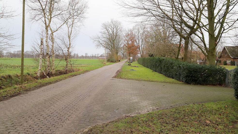 An der Straße „Hüttentange“ in Harkebrügge geschah der Jagdunfall. Auf der linken Fläche wurde gejagt. Auf einem Privatgrundstück auf der gegenüberliegenden Straßenseite traf der Schuss die Anwohnerin. Foto: Passmann