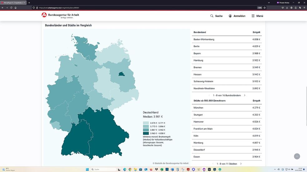 Karten-Grafiken veranschaulichen im Entgeltatlas der Bundesarbeitsagentur regionale Lohnunterschiede. Quelle: Entgeltaltlas der Bundesarbeitsagentur / Screenshot: 19.12.2024