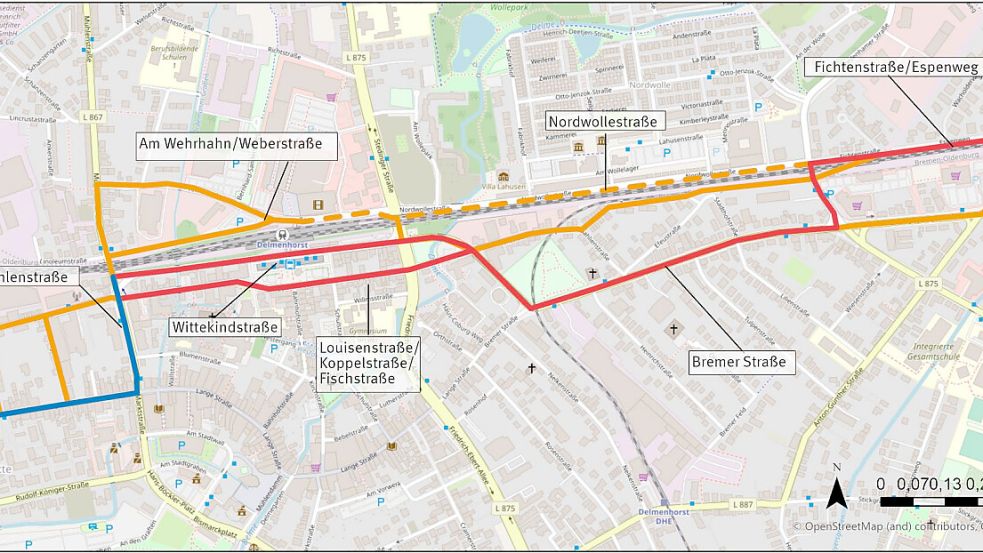 Ein gerader Streckenverlauf für den Radschnellweg von Bremen nach Delmenhorst war in der Machbarkeitsstudie RMS20 des Kommunalverbunds Bremen Niedersachsen zuletzt nicht zu finden. An Nordwolle und Bahnhof wurde es knifflig. Foto: Kommunalverbund Niedersachsen / Bremen