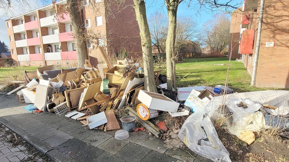 Wochenlang türmte sich eine wilde Müllkippe vor der Großwohnanlage in der Hamburger Straße. Foto: Rebecca Kresse