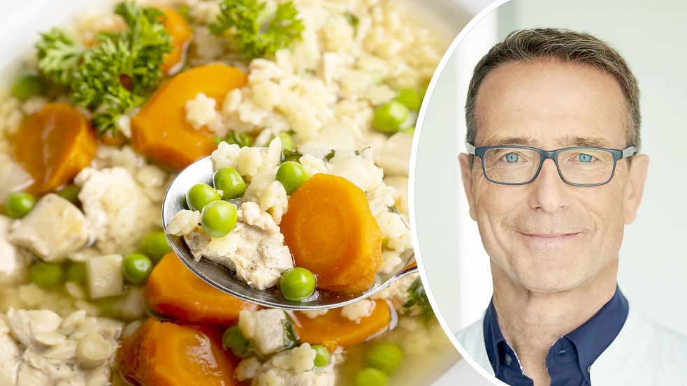 Ein US-Suppenhersteller produziert jetzt Bonbons, die nach Hühnersuppe schmecken. Ernährungsdoc Matthias Riedl ordnet ein, welchen Effekt sie bei Erkältungen haben. Foto: IMAGO/Zoonar/Bernd Jürgens, dpa/Andreas Sibler